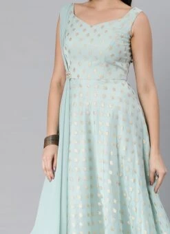 Sky Blue Organza Jacquard N Green Georgette Dress Wedding Wear