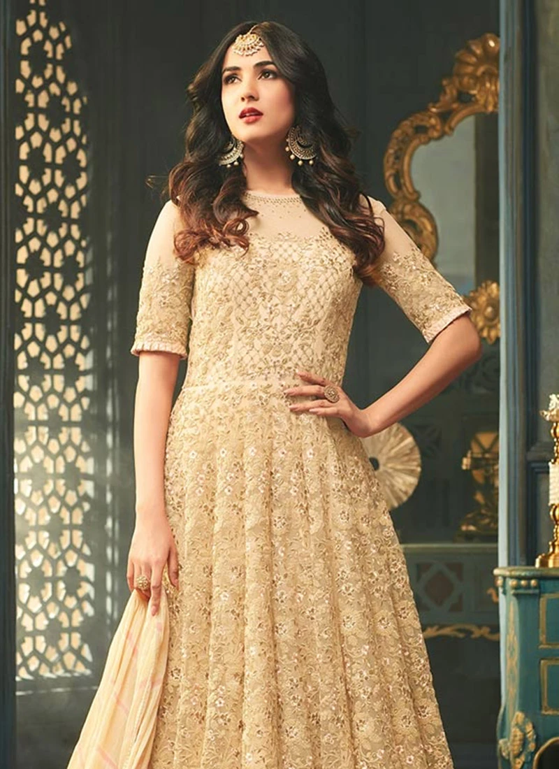 Sonal Chauhan Beige Net Anarkali Suit Wedding Wear - Image 4