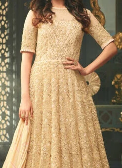 Sonal Chauhan Beige Net Anarkali Suit Wedding Wear