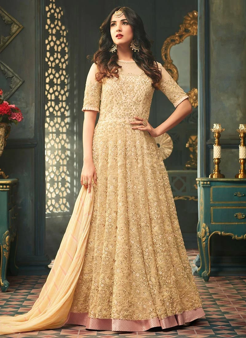Sonal Chauhan Beige Net Anarkali Suit Wedding Wear - Image 3