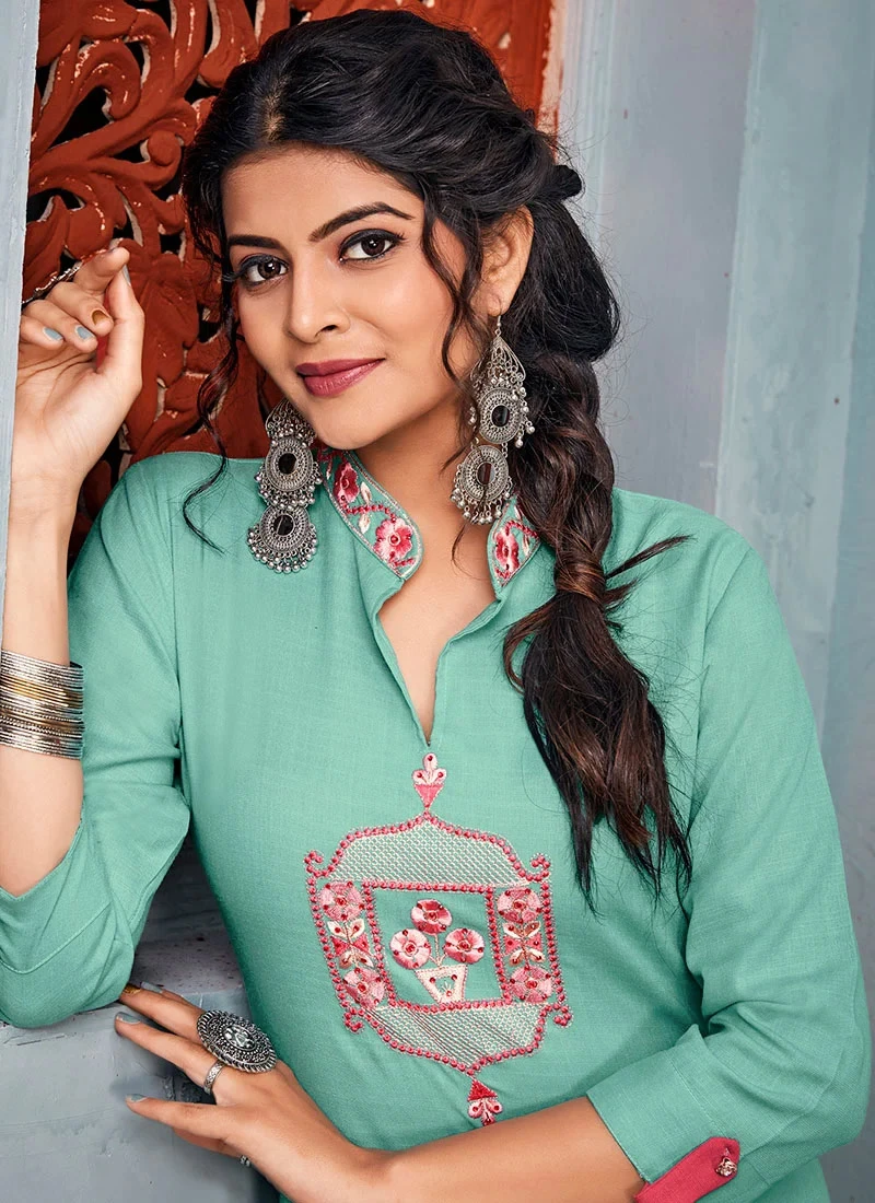 Teal Green Rayon Kurta Straight Pant Suit Party Wear - Image 4