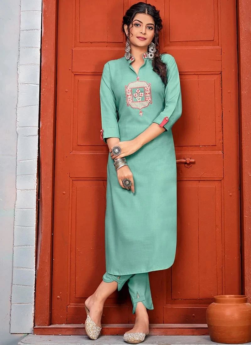 Teal Green Rayon Kurta Straight Pant Suit Party Wear - Image 3