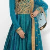 Turquoise Dupion Silk Embroidered Anarkali Suit Party Wear