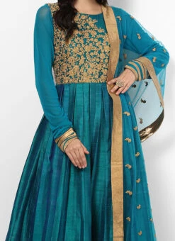 Turquoise Dupion Silk Embroidered Anarkali Suit Party Wear