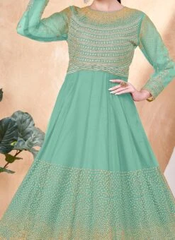 Turquoise Net Embroidered Anarkali Suit Party Wear