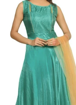 Turquoise Satin Blend Anarkali Suit Party Wear
