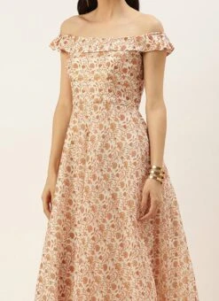 White Art Silk Digital Printed Off Shoulder Dress After Six Wear Festive Wear