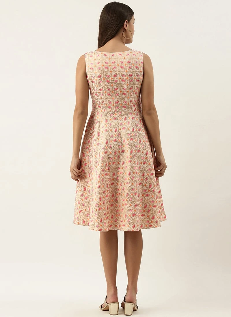 White Brocade Boat Neck Flared Dress Festive Wear - Image 4