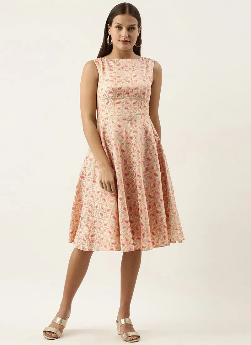 White Brocade Boat Neck Flared Dress Festive Wear - Image 3