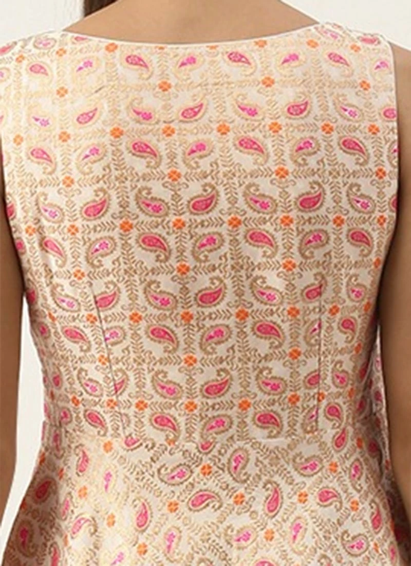 White Brocade Boat Neck Flared Dress Festive Wear - Image 6