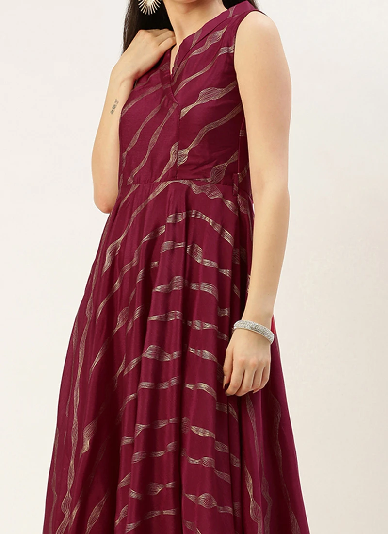 Wine Foil Printed Chinon Maxi Dress Festive Wear
