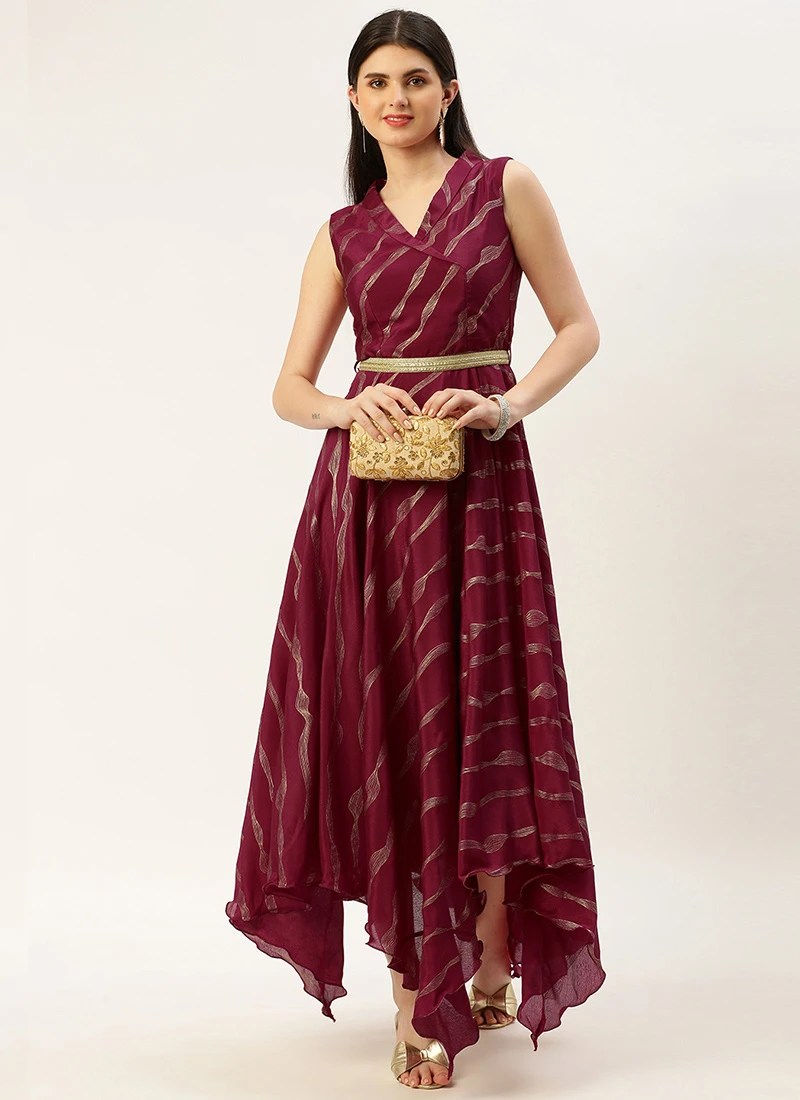 Wine Foil Printed Chinon Maxi Dress Festive Wear - Image 3