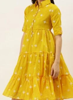 Yellow Chanderi Cotton Tiered Dress Festive Wear