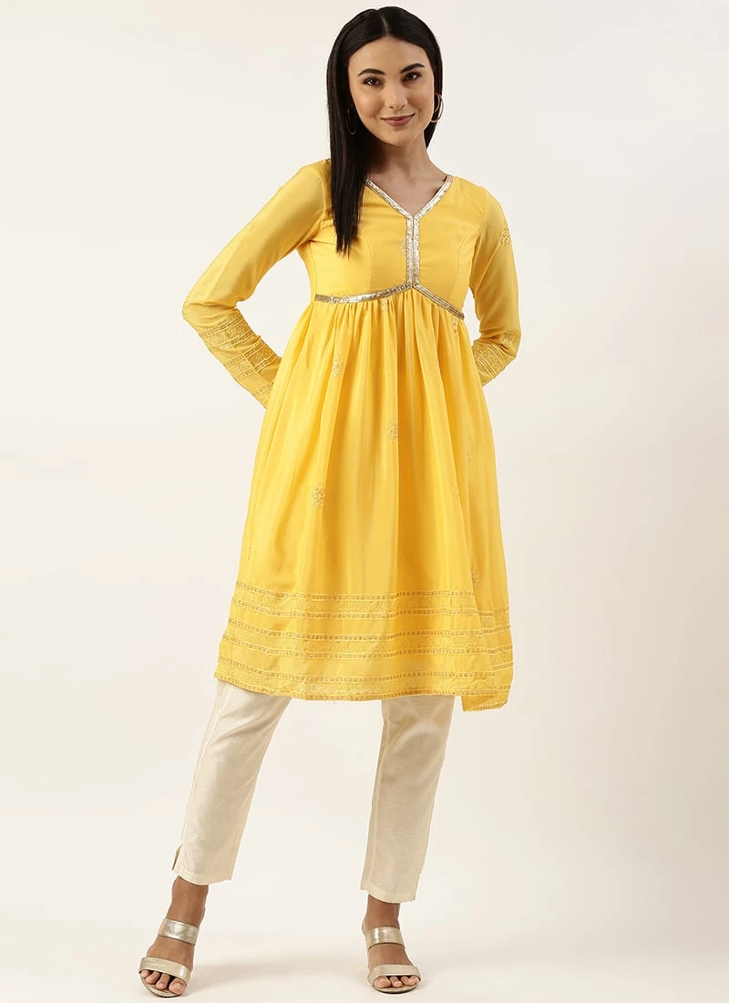 Yellow Chinnon Embroidered Kurta Set Festive Wear - Image 3