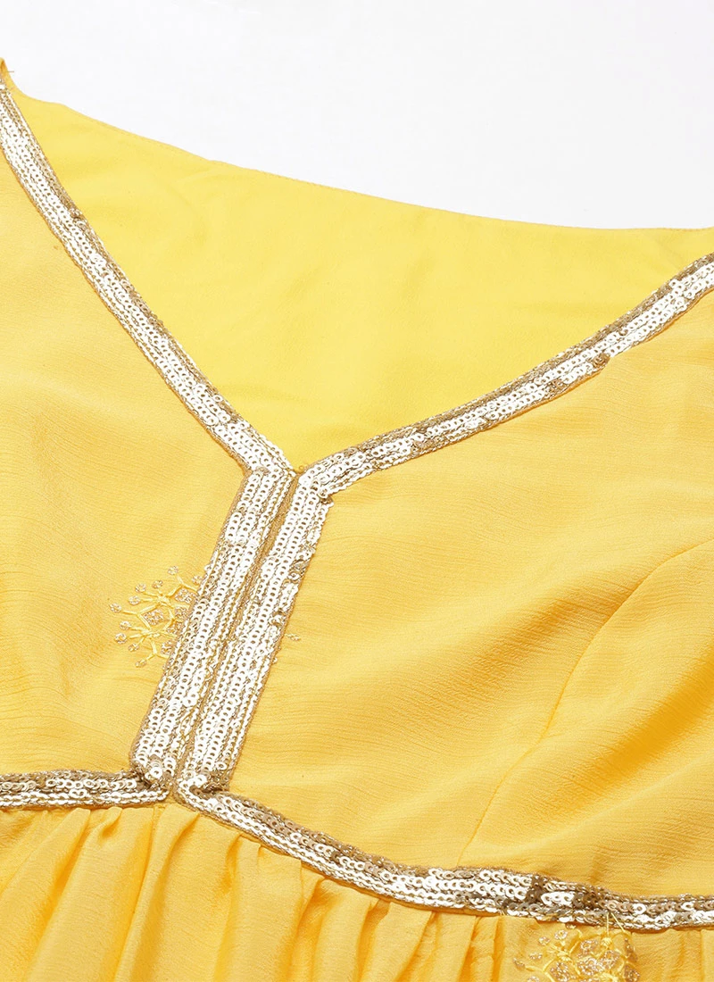 Yellow Chinnon Embroidered Kurta Set Festive Wear - Image 5