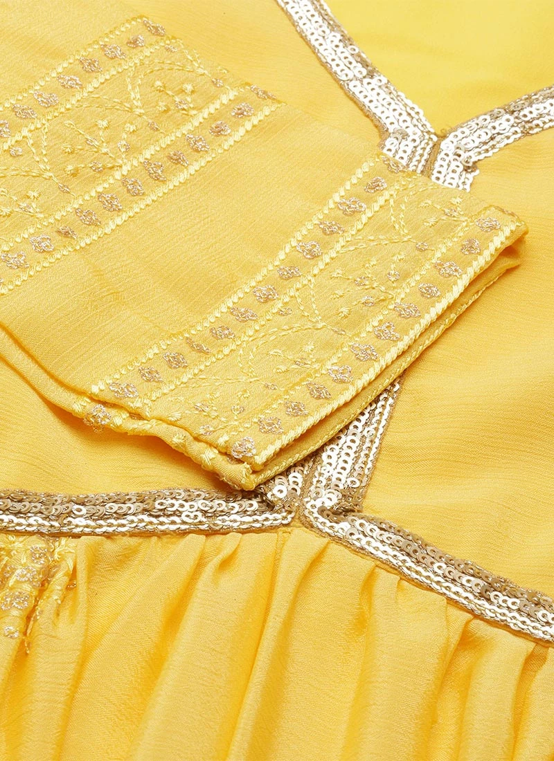 Yellow Chinnon Embroidered Kurta Set Festive Wear - Image 7