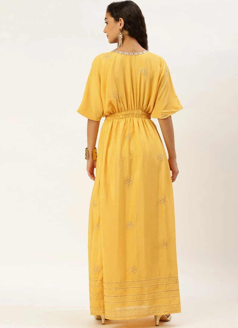 Yellow Chinon Kaftan Dress Festive Wear - Image 4