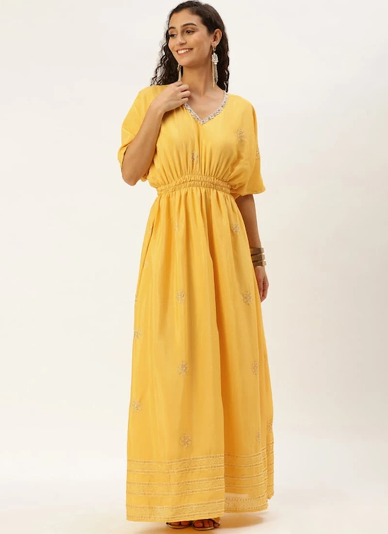 Yellow Chinon Kaftan Dress Festive Wear - Image 3
