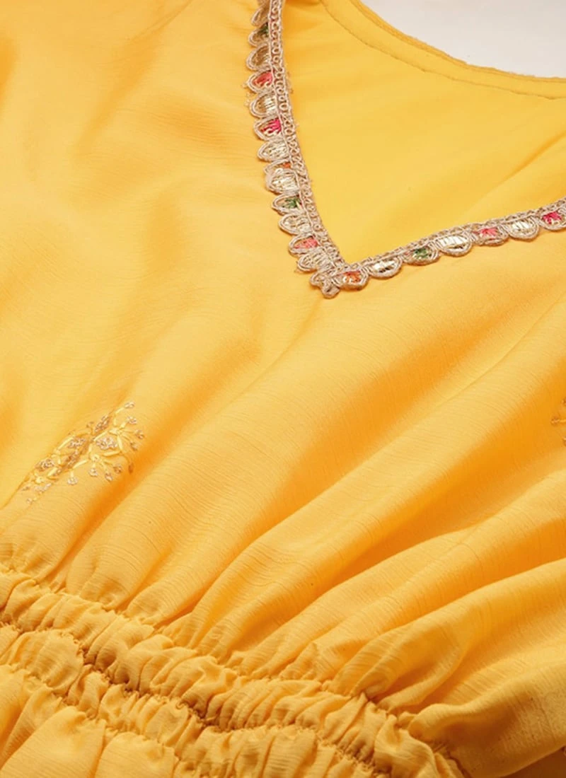 Yellow Chinon Kaftan Dress Festive Wear - Image 5