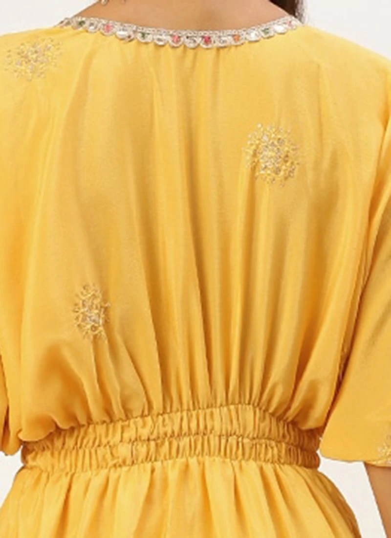 Yellow Chinon Kaftan Dress Festive Wear - Image 6