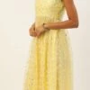 Yellow Glitter Foil Tiered Gathers Dress Party Wear