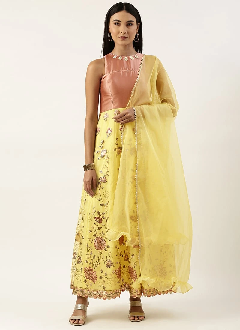 Yellow Organza Embroidered Anarkali Suit Festive Wear - Image 3