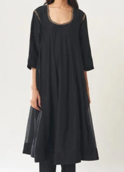 Black Pure Chanderi Silk Embroidered Kurta Straight Pant Set Party Wear