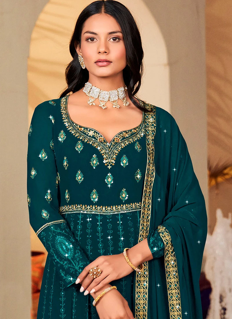 Blue Faux Georgette Embroidered Anarkali Suit Party Wear - Image 4