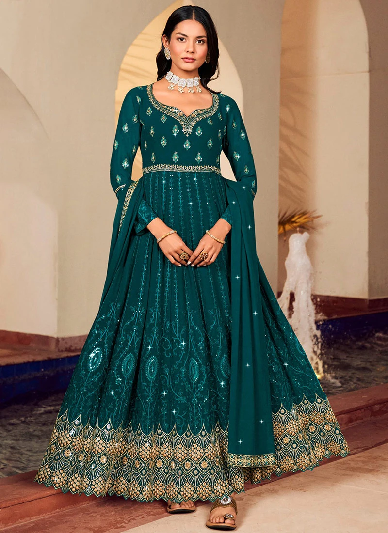 Blue Faux Georgette Embroidered Anarkali Suit Party Wear - Image 3