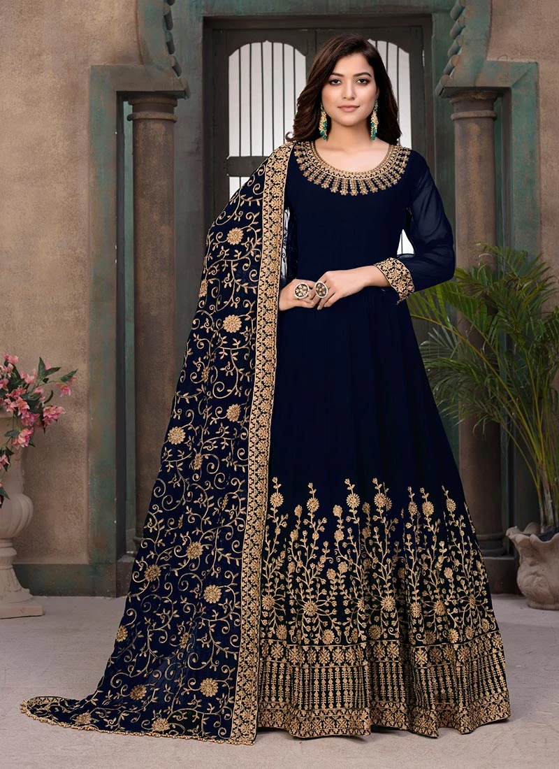 Blue Georgette Embroidered N Stones Anarkali Suit Party Wear - Image 3