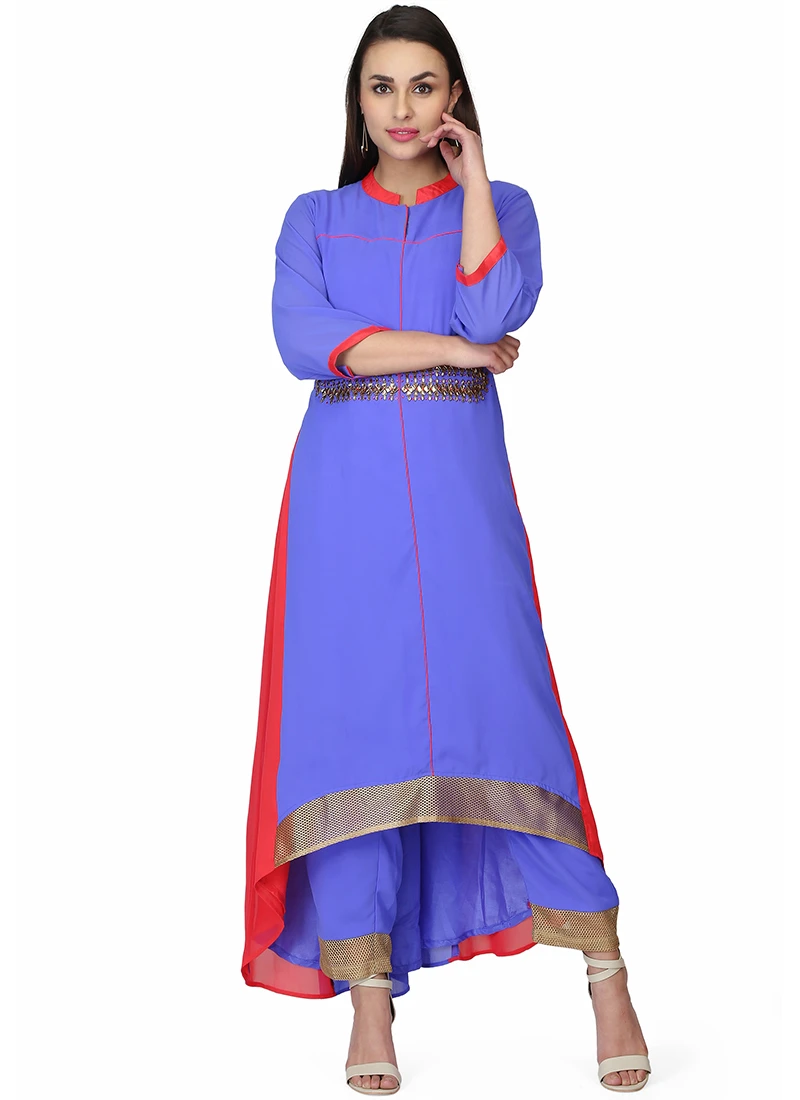 Blue Georgette Kurta Straight Pant Suit Party Wear - Image 3