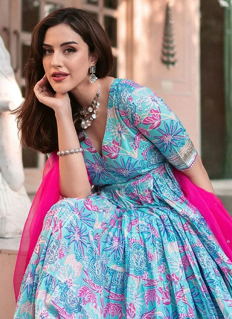 Blue Muslin Digital Printed Anarkali Suit After Six Wear - Image 4