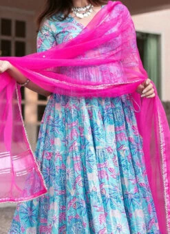 Blue Muslin Digital Printed Anarkali Suit After Six Wear