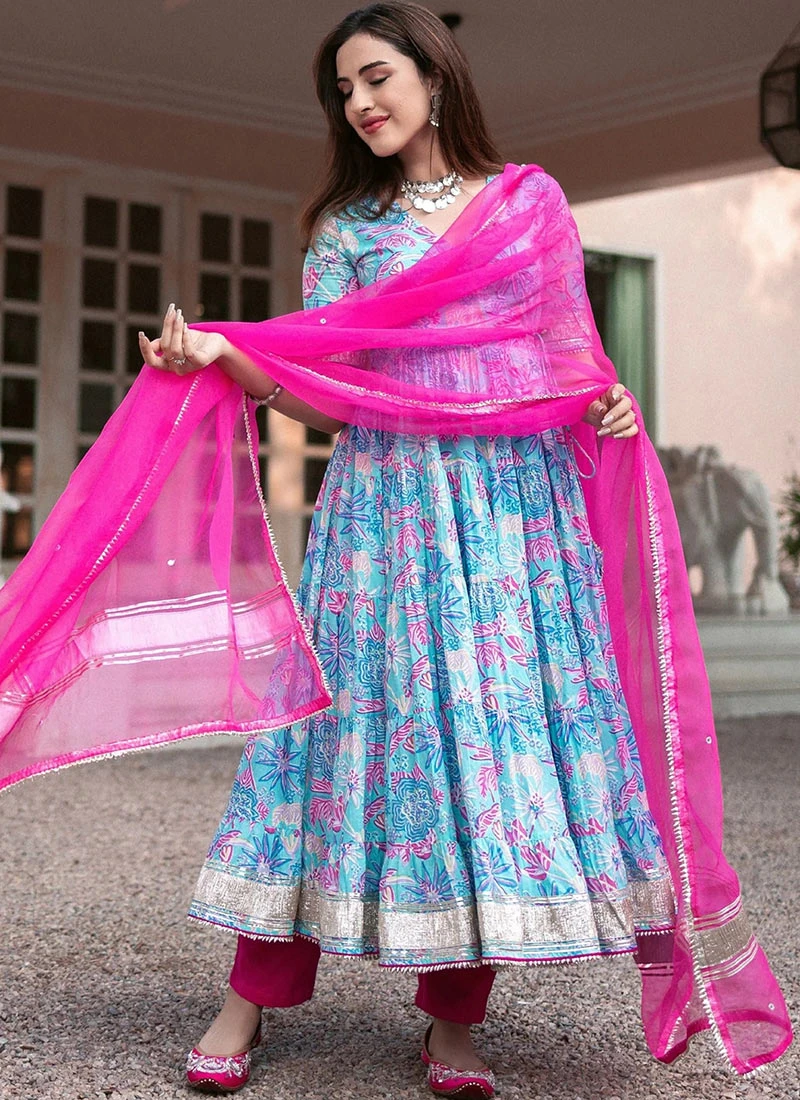 Blue Muslin Digital Printed Anarkali Suit After Six Wear - Image 3