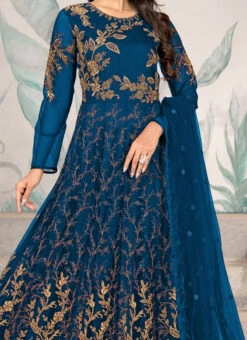Blue Net Embridered Work Anarkali Suit Party Wear