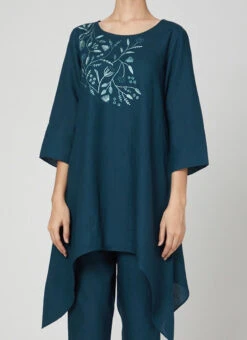 Blue Rayon Slub Kurta Straight Pant Set Work Wear