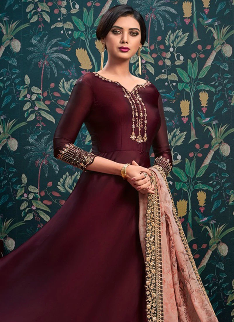 Burgundy Embroidered Abaya Style Anarkali Suit Party Wear - Image 4