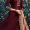 Burgundy Embroidered Abaya Style Anarkali Suit Party Wear