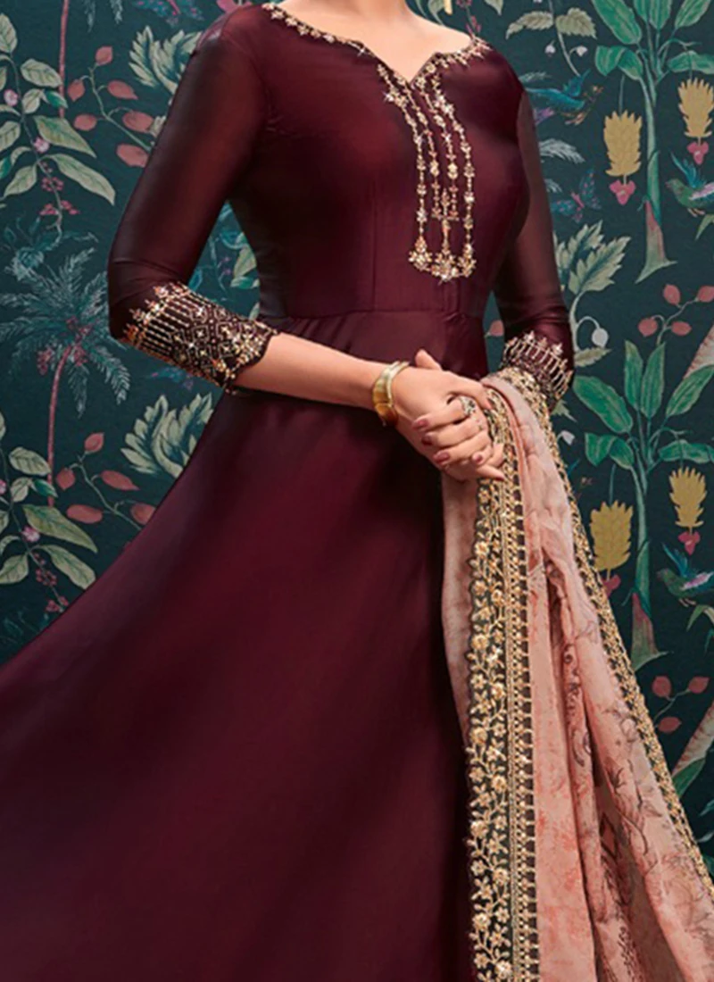 Burgundy Embroidered Abaya Style Anarkali Suit Party Wear