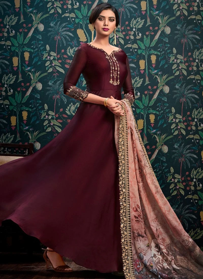 Burgundy Embroidered Abaya Style Anarkali Suit Party Wear - Image 3