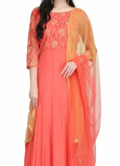 Coral Pink Chiffon Thread Embroidered Anarkali Suit Party Wear