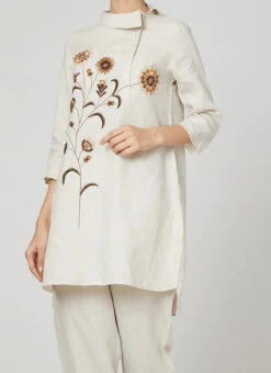 Cream Rayon Slub Kurta Straight Pant Set Work Wear