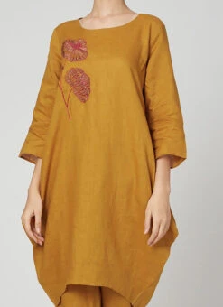 Dark Mustard Linen Kurta Straight Pant Set Work Wear