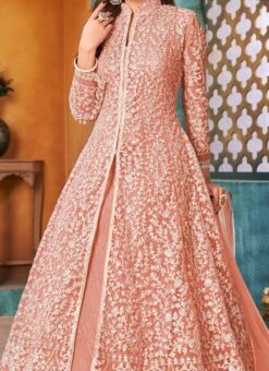 Dark Peach Net Embroidered N Sequins Anarkali Suit Party Wear