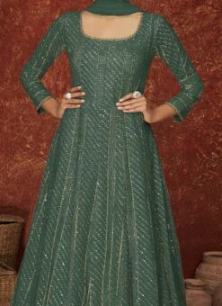 Dusty Green Georgette Embroidered N Sequins Anarkali Suit Party Wear