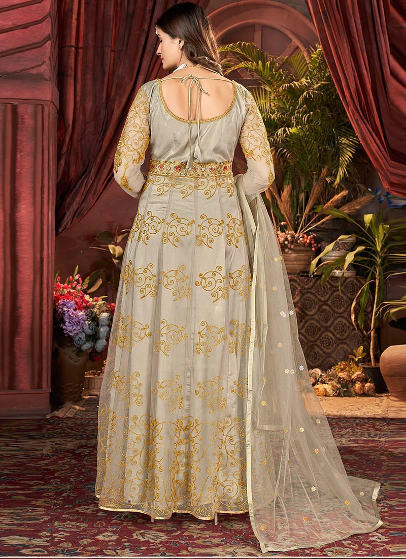 Fawn Brown Net Embroidered Anarkali Suit Party Wear - Image 4
