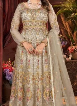 Fawn Brown Net Embroidered Anarkali Suit Party Wear