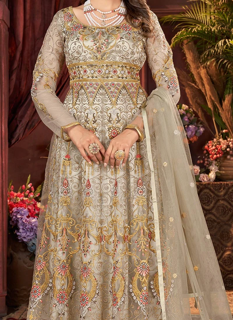 Fawn Brown Net Embroidered Anarkali Suit Party Wear