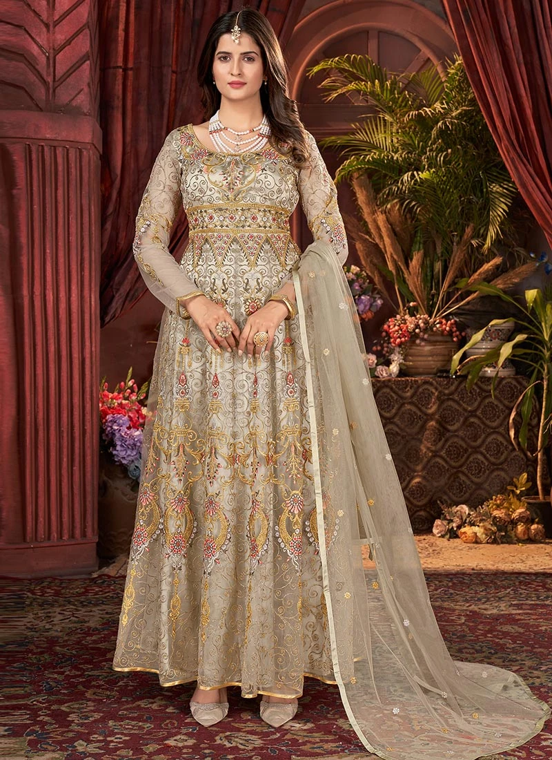 Fawn Brown Net Embroidered Anarkali Suit Party Wear - Image 3