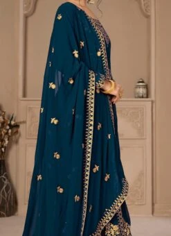 Full Sleeve Centre Slit Rama Blue Georgette Embroidery Anarkali Suit Party Wear
